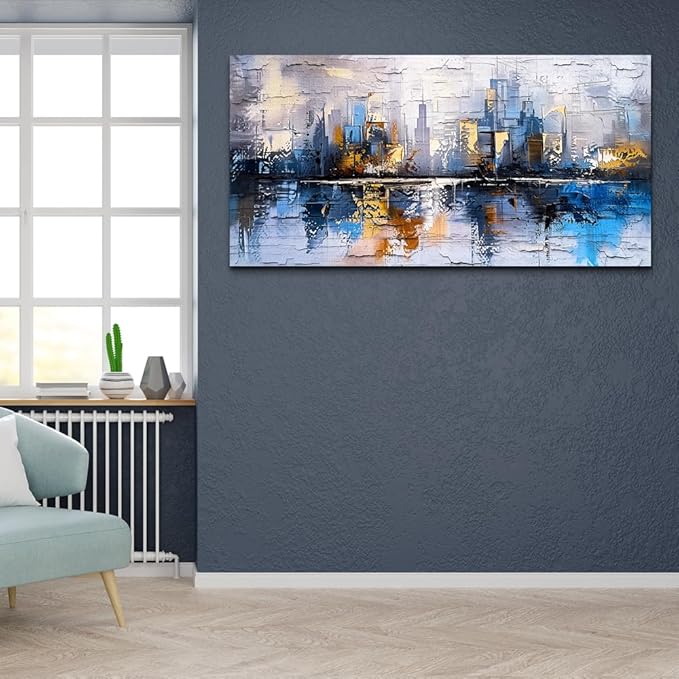 KELIYUAN Abstract City Oil Painting Large Home Decor Mural Living Room Bedroom Modern Printed Canvas Wall Art Yellow Blue Graffiti Mural Office Corridor Can Be Directly Hung Wall Decor 24 X 48 In