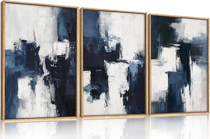 HLNIUC Navy Blue Abstract Wall Art Set of 3, Gray White Modern Neutral Art Decor(24x36), Minimalist Brush Strokes Wall Painting, Dark Geometric Textured Canvas Prints for Living Room, Bedroom, Office