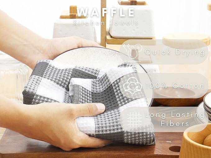 PurpleEssences 100% Cotton Waffle Weave Check Plaid Kitchen Towels, Super Soft and Absorbent Dish Towels for Drying Dishes 15 x 25-6 Pack - Fall Thanksgiving - Steel Grey and White