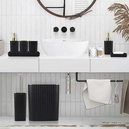 Bathroom Accessories Set - Gorgeous Black Bathroom Set, 10PC Bathroom Accessory Set, Toilet Brush, Trash Can, Qtip Holder Dispenser & Soap Dispenser