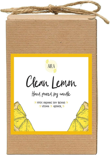 Aira Soy Candles - Organic, Kosher, Vegan, in Mason Jar w/Therapeutic Grade Essential Oil Blends - Hand-Poured 100% Soy Candle Wax - Paraffin Free, Burns 110+ Hours - Clean Lemon - 16 Ounces