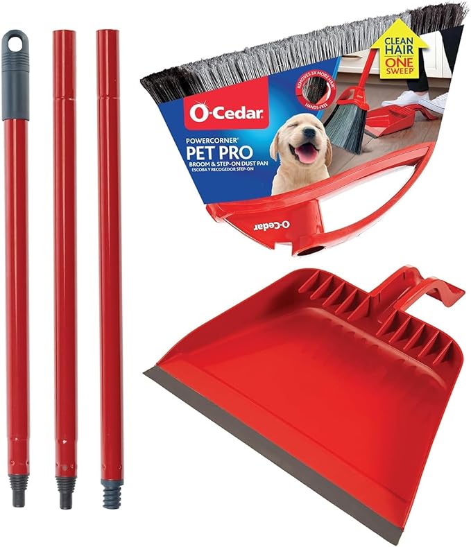 O-Cedar Pet Pro Broom with Step-On Dustpan | Remove 99% with One Sweep | DustPan Removes 3 Times More Pet Hair | Quiet Cleaning Tool for Cat and Dog Owners