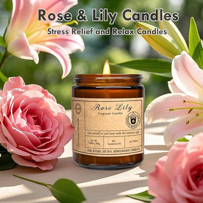 Scented Candles, 7oz Rose Lily Candles for Home Scented, Soy Wax Aromatherapy Candle for Relaxing and Stress Relief, Non Toxic, Slow Burning, Christmas, Birthday, Valentine Gifts for Women Men