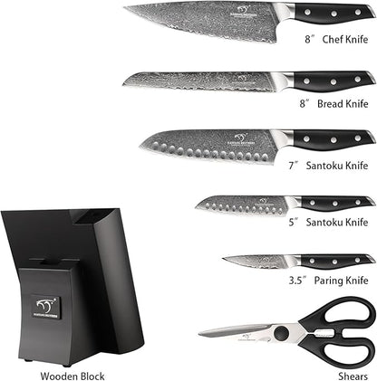 Damascus Knife Set with Block for Kitchen, VG10 Damascus Steel Kitchen Knife Set with Triple Rivet Handle, Chef Knife Set with Shears & Wooden Block, 7PCS
