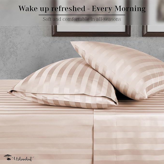 URBANHUT 800 Thread Count Egyptian Cotton Damask Striped King Size Sheets Set (4 Pc) - Ultra Soft & Smooth, Sateen Weave King Size Sheets, Luxury Hotel Sheets with 16" Deep Pocket - Blush Pink