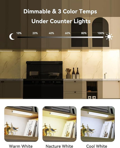 3 Packs Under Cabinet Lighting with Charging Station 8 Inches, Motion Sensor Light Indoor Rechargeable, 3 Color Dimmable Closet Light, USB Led Stick on Under Counter Lights for Kitchen Pantry