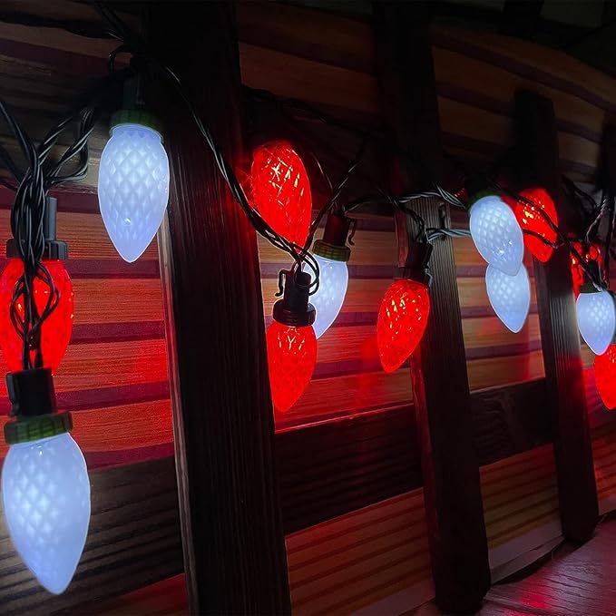 KAQ C9 Christmas Lights 2PK 100 LED 98ft Extendable Waterproof Christmas Lights Green Wire String Lights, Outdoor Xmas Light for Patio Wedding Party Christmas Decorations (Red & Cool White)
