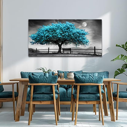KELIYUAN Wall Art Black White Grey Background Home Decor Blue Tree Of Life Canvas Wall Painting Living Room Decor Office Bedroom Bathroom Corridor Decor Artwork, Can Be Hung Directly 24x48 Inches
