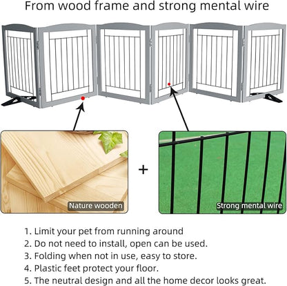 ZJSF Freestanding Dog Fence Indoor, Foldable Dog Gate for Doorways, Stairs or Hallways, Sturdy Wood Extra Wide Pet Gate with Support Feet for The House, Grey, 24 "Height-6 Panels