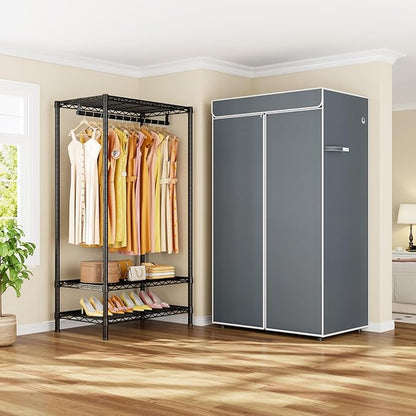 H5C Clothes Rack with Cover, Portable Closet for Hanging Clothes, Covered Clothing Racks Heavy Duty, Freestanding Garment Racks with Shelves, Max Load 360LBS Black Closet Rack with Gray Cover