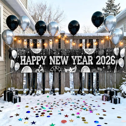 New Years Eve Banner for 2026, Silver and Black Happy New Year 2026 Backdrop Great New Year Decorations for Outdoor Indoor Home Wall 118x19.69inch