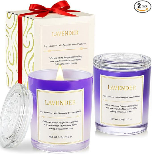 Lavender Candle Gift Set – 2 Pack Wood Wick Soy Wax Scented Candles with Gift Boxes, Long Lasting Relaxing Aromatherapy Candles for Home Decor, Holiday Gifts
