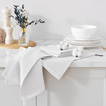 Kitinjoy 100% Cotton Kitchen Towels and Dishcloths Set, 12 Pack Waffle Weave Dish Towels Ultra Soft Absorbent Quick Drying Dish Rags, 13 x 28 Inch and 12 X 12 Inch, White