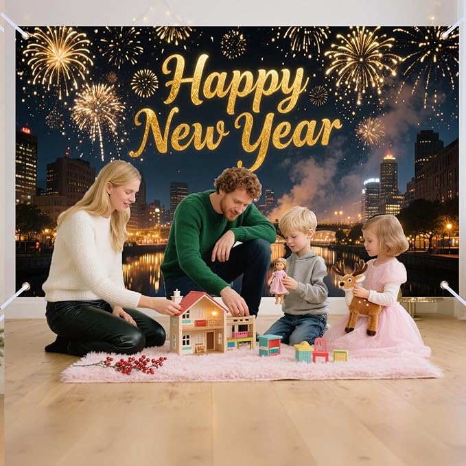 Nuxovilar Happy New Year Banner, City Night Fireworks Backdrop for Party Decorations, 71x43 Inch