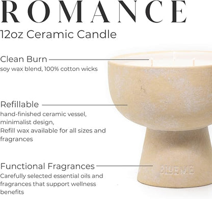 Blueme Romance Candle | Oakmoss & Sandalwood | 3 Wick - Refillable Wellness Candle with Essential Oils, Hand Finished & Poured Soy Wax Blend Ceramic Vessel, Natural Cotton Wicks | Medium 12 oz