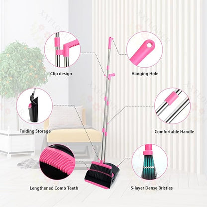 Broom and Dustpan Set, Long Handle Lightweight Dustpans with Broom Combo for Home, Indoor&Outdoor Sweeping for Home Room Kitchen Office Lobby (Black Pink)