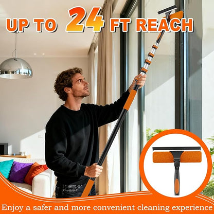 30FT Reach Window Squeegee with Extension Pole, 2-in-1 Professional Window Washing Kit for Home, Indoor Outdoor Squeegee with Rotatable Head for High Windows