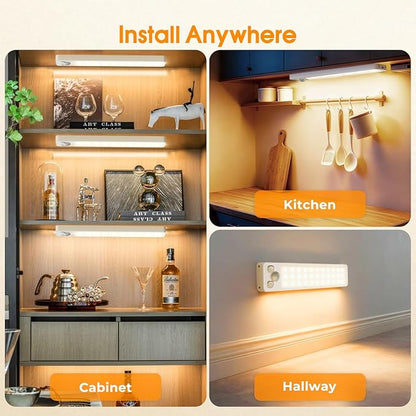 Under Cabinet Rechargeable Dimmable Lighting: 3 Color Temperature Motion Sensor Lights Indoor - Battery Operated Lights - Activated Closet Magnetic Wireless Led Light for Kitchen Home Bathroom 4 Pack