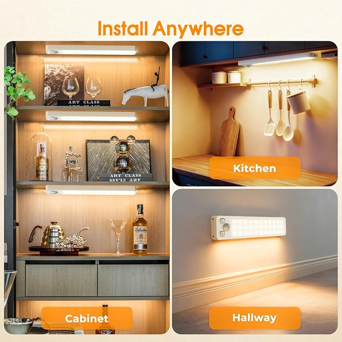 Under Cabinet Rechargeable Dimmable Lighting: 3 Color Temperature Motion Sensor Lights Indoor - Battery Operated Lights - Activated Closet Magnetic Wireless Led Light for Kitchen Home Bathroom 5 Pack