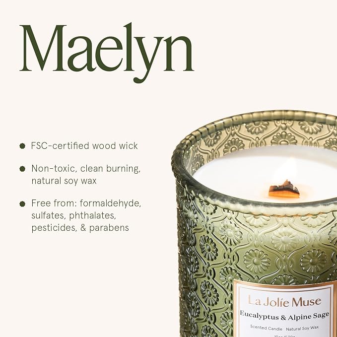 LA JOLIE MUSE Scented Candles Eucalyptus & Alpine Sage, 19 oz Large Wood Wicked Candle, Decorative Candles in Glass, Natural Soy Wax, 90 Hours Long Burning