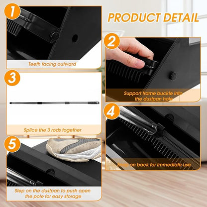 Leumoi 4 Pcs Dust Pans with Long Handle Set 36.6 Inch Commercial Dust Pan with Comb Large Plastic Stand up DustPans for Outdoor Indoor Restaurant Home Office Floor Cleaning (Black)