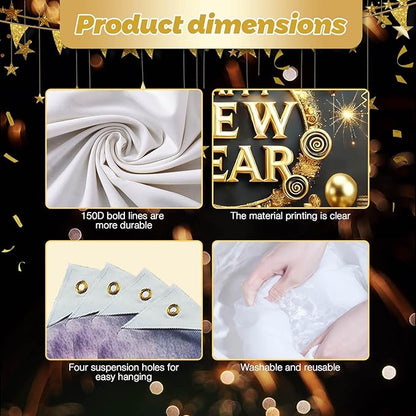 Happy New Year Backdrop 71x43 Inch Black Gold Party Banner Luxury Fireworks Celebration Background Elegant Holiday Wall Decor for New Year Eve Party Photo Booth Home Event