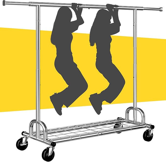 Raybee Heavy Duty Clothes Rack, Clothing Racks for Hanging Heavy Clothes 200+, Rolling Clothing Rack Load 485 LBS, Extendable & Adjustable Portable Commercial Garment Rack with Wheels