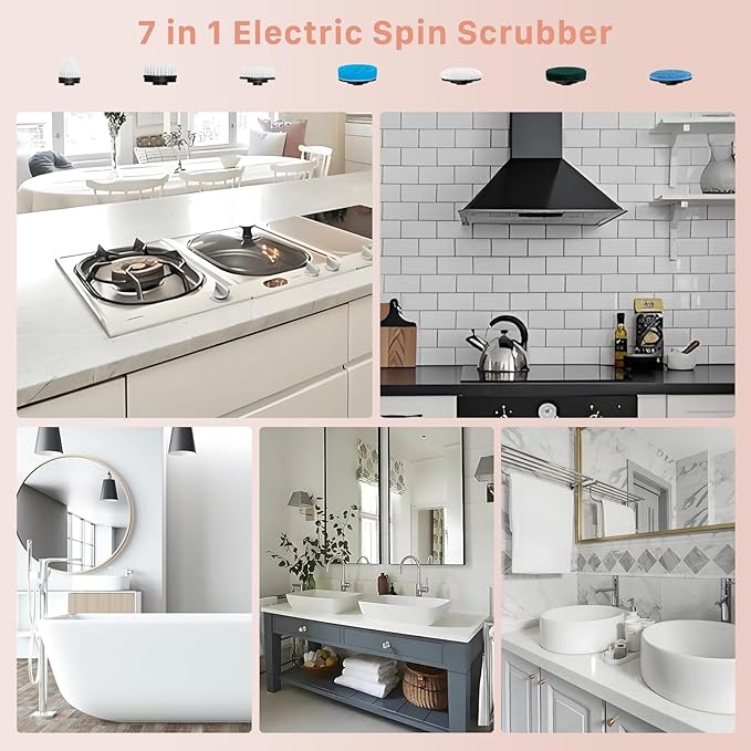 Electric Spin Scrubber, Hillyfe Bath Scrubber for Cleaning with 7 Replaceable Brush Heads, IPX7 Waterproof,300/400 RPM, 3 Adjustable Size,Cordless Shower Cleaner Brush for Bathroom Floor,Pink