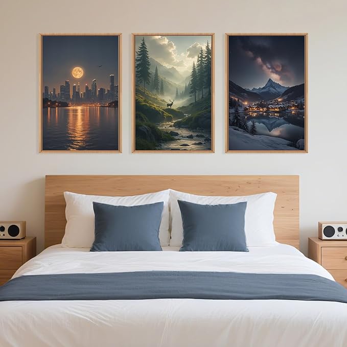 Large Modern City Moon Framed Canvas Wall Art,Forest Misty Wall Decor,Winter Town Night Wall Painting,Nature Landscape Picture Artwork for Living Room,Bedroom,Dining Room,Office -24"x36"x3