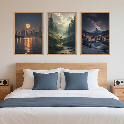 Large Modern City Moon Framed Canvas Wall Art,Forest Misty Wall Decor,Winter Town Night Wall Painting,Nature Landscape Picture Artwork for Living Room,Bedroom,Dining Room,Office -24"x36"x3
