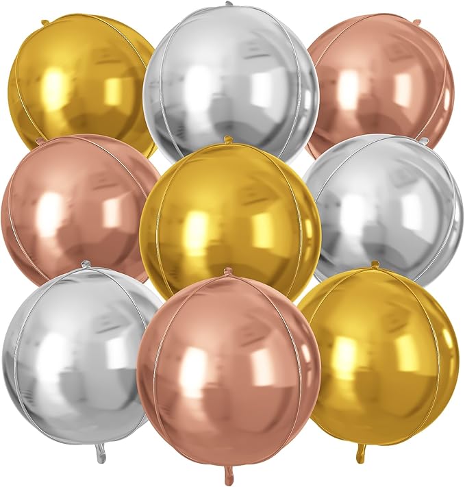 Silver Gold Rose Gold Round Foil Balloons 9 pcs,Metallic Giant 4D Round Balloons 22 Inch for Wedding Graduation Anniversary Baby Shower Birthday Party Decorations