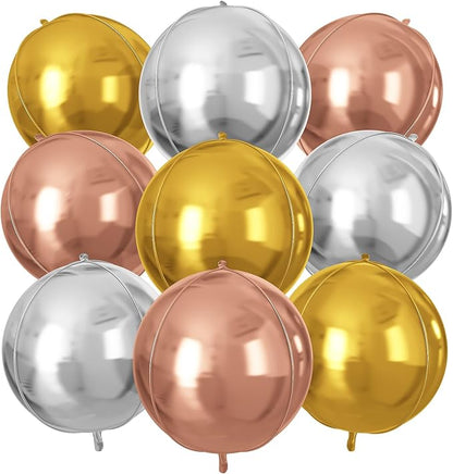 Silver Gold Rose Gold Round Foil Balloons 9 pcs,Metallic Giant 4D Round Balloons 22 Inch for Wedding Graduation Anniversary Baby Shower Birthday Party Decorations