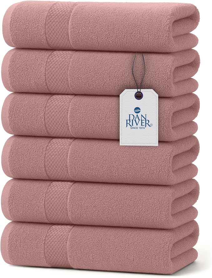 DAN RIVER 6-Pack Premium Hand Towels (16x28 Inches) - 100% Cotton, Ultra Soft, Lightweight, Highly Absorbent Towels for Bathroom, Spa, Gym, Salon, Hotel, and Travel - 550 GSM – Dusty Pink