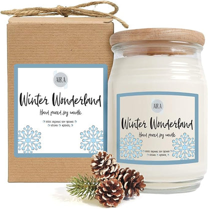 Aira Soy Candles - Organic, Kosher, Vegan, in Farmhouse Jar w/Essential Oil Blends - Hand-Poured Winter Candle - 100% Soy Candle Wax - Paraffin Free, Burns 150+ Hours - Winter Wonderland - 16 Ounces