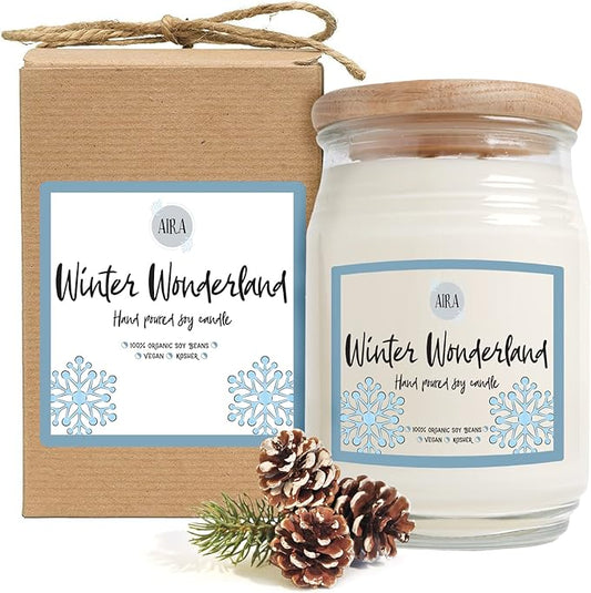 Aira Soy Candles - Organic, Kosher, Vegan, in Farmhouse Jar w/Essential Oil Blends - Hand-Poured Winter Candle - 100% Soy Candle Wax - Paraffin Free, Burns 150+ Hours - Winter Wonderland - 16 Ounces