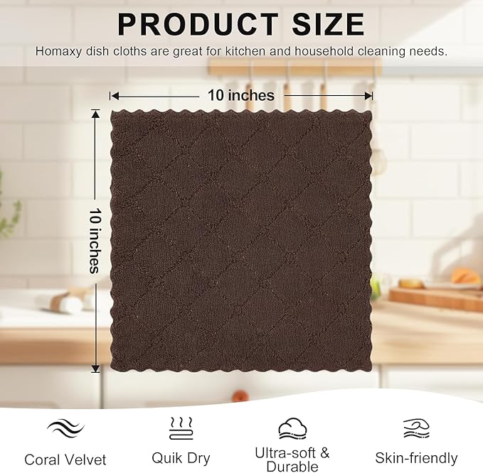 Homaxy 18 Pack Kitchen Dish Cloths (10 x 10 Inches, Brown), Super Soft and Absorbent Coral Velvet Dish Towels, Nonstick Oil Fast Drying Microfiber Cleaning Cloth, No Lint Household Dishcloths