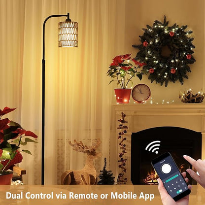 Floor Lamp with Remote, Dimmable Rattan Floor Lamp with LED Bulb, Industrial Black Tall Pole Lamp with Rattan & Fabric Shades, Boho Farmhouse Standing Lamps for Living Room Bedroom Office