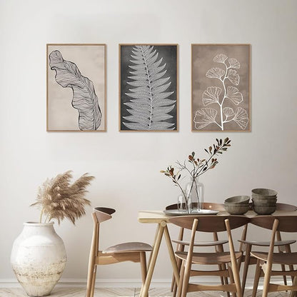 HLNIUC Botanical Neutral Framed Wall Art Set, Abstract Fern Leaf Canvas Wall Decor, Vintage Rustic Plant Wall Painting, Black Beige Nature Art Print for Living Room, Bedroom, Office - 16"x24"x3