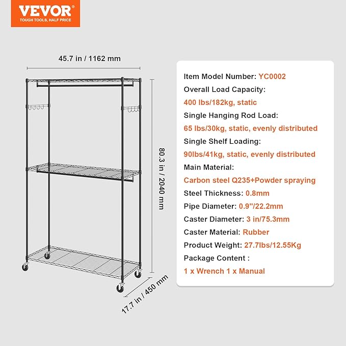 VEVOR Clothing Garment Rack, Heavy Duty Closet Wardrobe, Adjustable Tiers Clothes Racks with Steel Frame, for Bedroom, Clothing Store, Hallway
