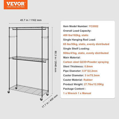 VEVOR Clothing Garment Rack, Heavy Duty Closet Wardrobe, Adjustable Tiers Clothes Racks with Steel Frame, for Bedroom, Clothing Store, Hallway