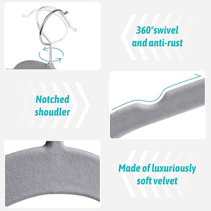 Premium Velvet Shirt Hangers 50 Pack, Space-Saving Non-Slip Felt Hanger with 360° Swivel Hook, Slim Flocked Hangers for Strappy Dresses, Blouses, Tank Tops(Grey)