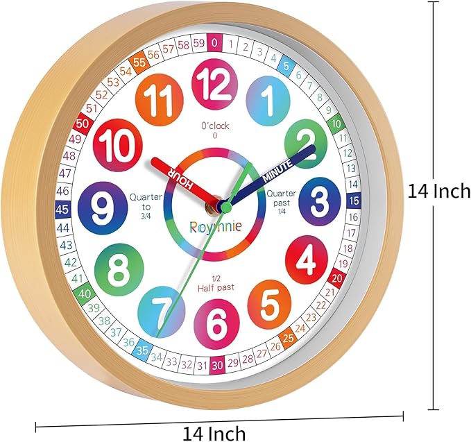 Wall Clock for Kids Learning - Teaching Time Wall Clocks Battery Operated Silent Non Ticking - Analog Colorful Clock Decorative for Kids Room Classroom School(14 Inch)