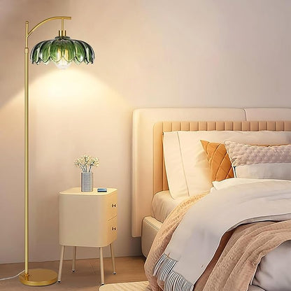 Arc Floor Lamp for Living Room Gold Floor Lamp with Remote Control,Dimmable LED Floor Lamps Glass Lamp Shades Vintage Standing Lamp with 3 Color Temperature Tall Flower Lamps for Bedroom Corner