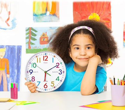 AIRUIFU Wall Clock for Kids Learning to Tell Time, 12 Inch Silent Analog Clock for Kids Room Decor/Bedroom/Classroom/Playroom, Colorful Teaching Clock Helps Kids Easier to Tell Time