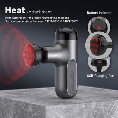 Mini Massage Gun with Heat, Deep Tissue Massage Gun, Portable Percussion Muscle Massager with 4 Massage Heads for Athletes