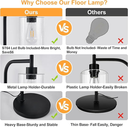 DLLT Floor Lamp Tall for Room: Black Standing Lamp with Seeded Glass Lampshade for Living Room - Modern Bright Lamp for Bedroom - Industrial Corner Floor Lamps for Office 8W Led Bulb Included