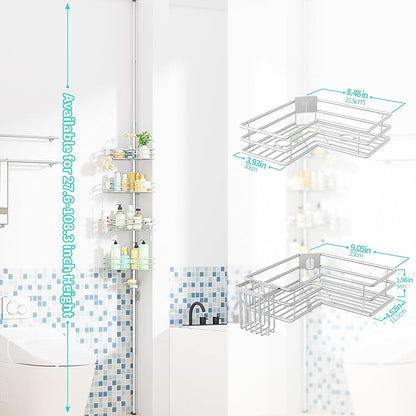 HapiRm Corner Shower Caddy Organizer - Shower Organizer Corner with Soap Holder, Toothbrush Holder and 4 Hooks, Rustproof Bathroom Shelf Tension Pole Available for 27.6 to 108.3 Inch - Silver