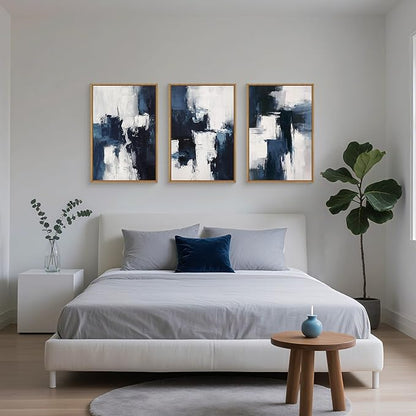 HLNIUC Navy Blue Abstract Wall Art Set of 3, Gray White Modern Neutral Art Decor(24x36), Minimalist Brush Strokes Wall Painting, Dark Geometric Textured Canvas Prints for Living Room, Bedroom, Office
