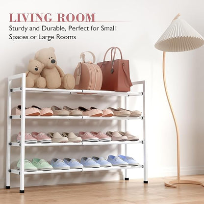 Bumusty 4-Tier Expandable Shoe Rack for Closet, 18“-33” Adjustable Shoe Rack for Small Space, Small Shoe Organizer for Front Door, Sturdy Metal, White