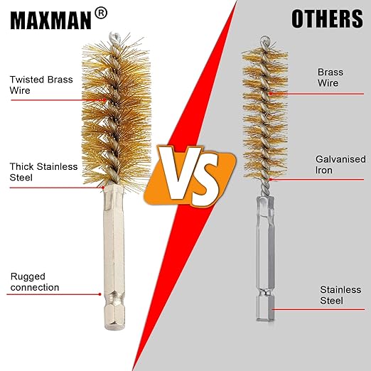 MAXMAN Bore Brush Set, 8pcs Brass Wire Brush for Drill, Durable Metal Bristles Twisted, 8 Size Set Multiple Diameter Options, 1/4 Inch Hex Shank, for Power Drill Impact Driver & Tube Cleaning